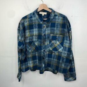 Madden Girl Long Sleeve Plaid Cropped Top w/Front Pockets & Sequin Patch size XL